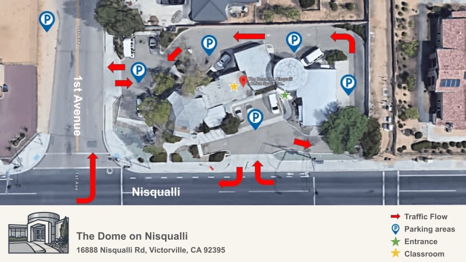 Parking map and traffic flow for The Dome on Nisqualli